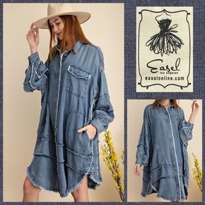 EASEL Oversized Shirt Dress Shacket Balloon Sleeves Distressed Details & Pockets